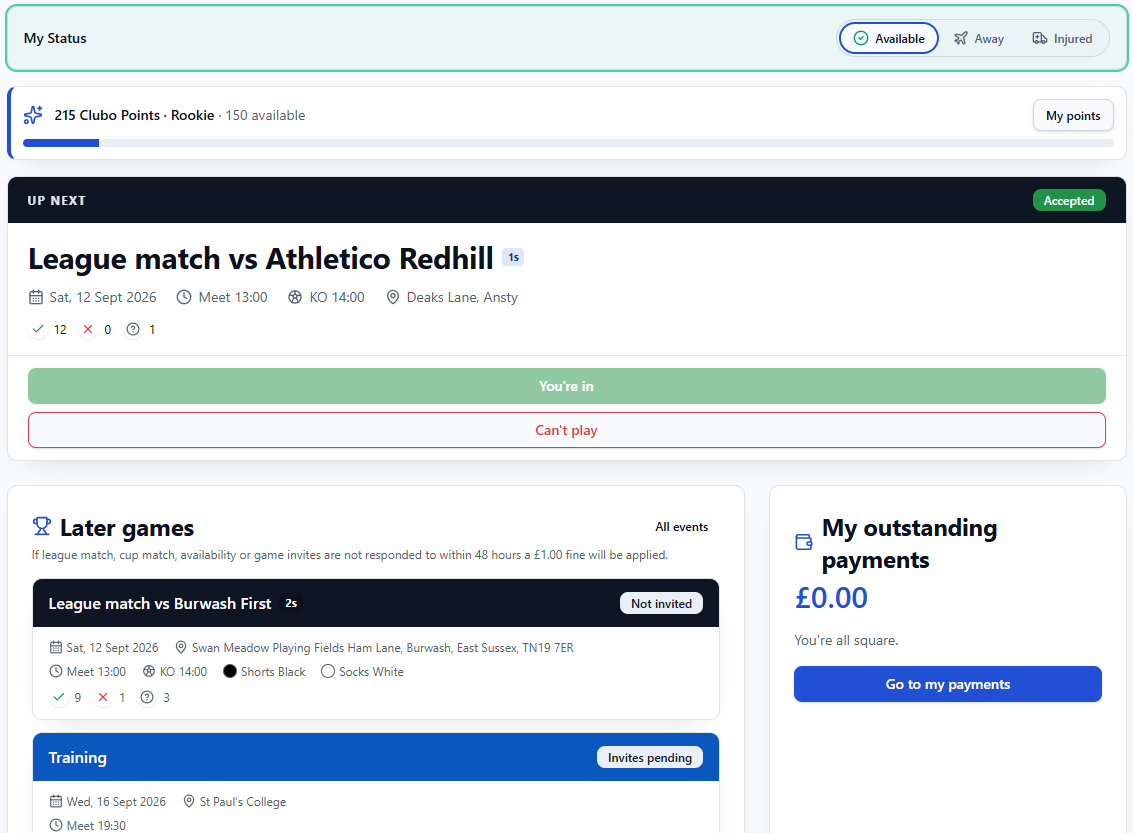 Member home screen showing status, next game and payments